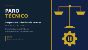 Ilustración editorial en azul marino y dorado con una balanza de la justicia y un engrane con símbolo de pausa, sobre el texto Paro técnico: suspensión colectiva de labores, artículos 427 a 432 de la LFT